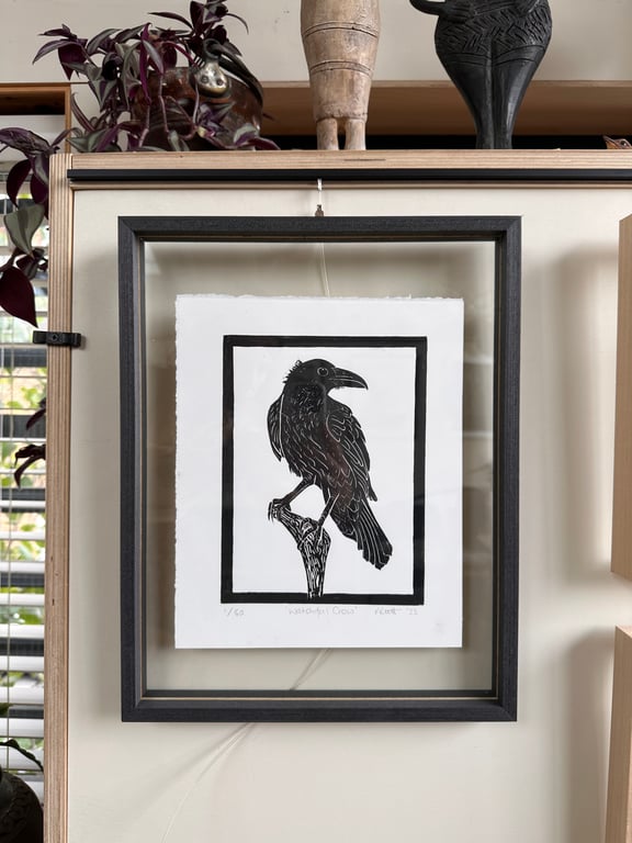 ‘Watchful Crow’ Linocut Print Framed