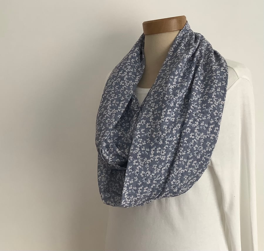 100% Fine COTTON  lawn infinity scarf. ' Misty Meadow'. Blue, white . Floral.