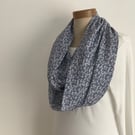 100% Fine COTTON  lawn infinity scarf. ' Misty Meadow'. Blue, white . Floral.