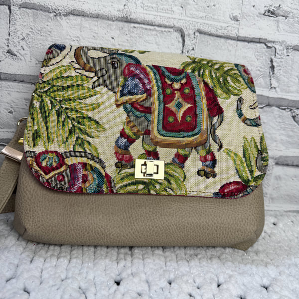 Crossbody bag with Elephant tabestry & Beige faux leather 