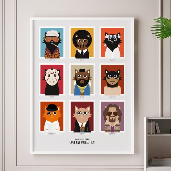 Cult Cat Wall Print, Art Print, Movie Print, Clockwork Orange, Karate Kid, Harry