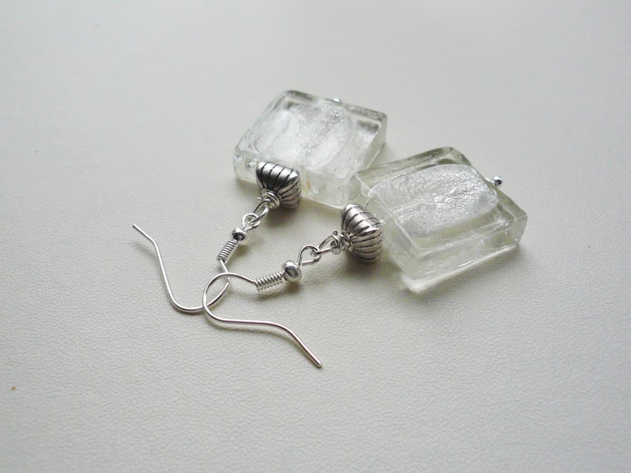 Clear Foil-Lined Flat Square Glass Drop Dangle Earrings   KCJ1818