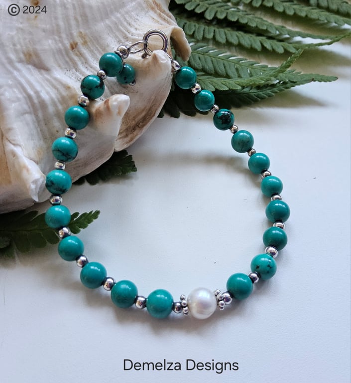Turquoise & Freshwater Culture Pearl Sterling Silver Bracelet 