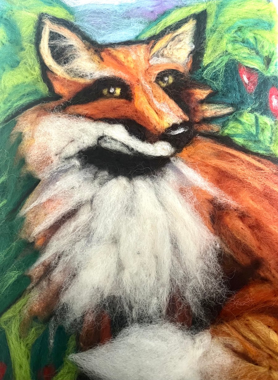 Fox Wool Painting original needle felt artwork, Wall hanging 
