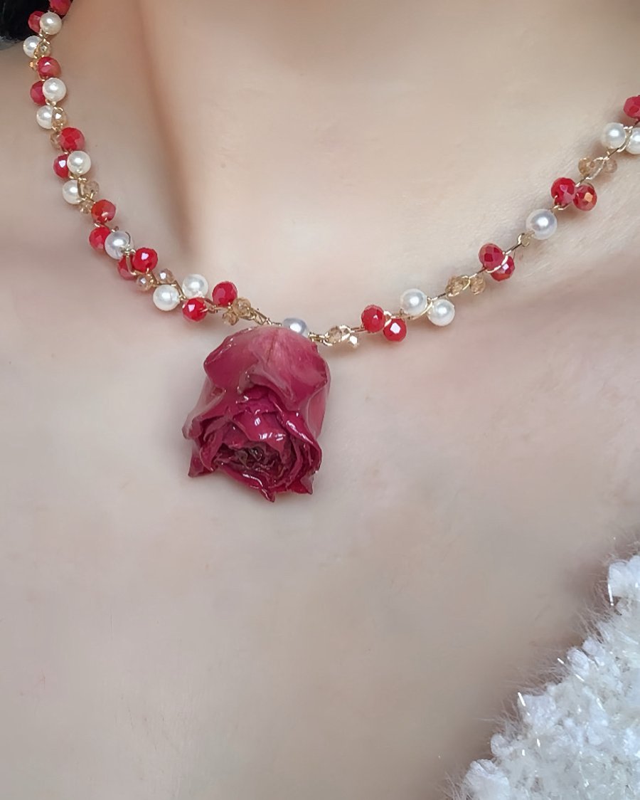 Real red rose necklace preserved eternal rose flower necklace beaded crystal red
