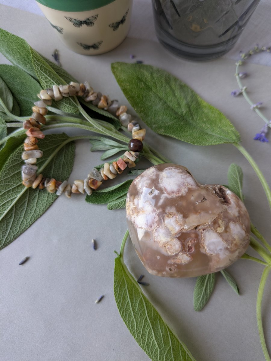 Stress relief crazy lace agate and moonstone bracelet with heart stone