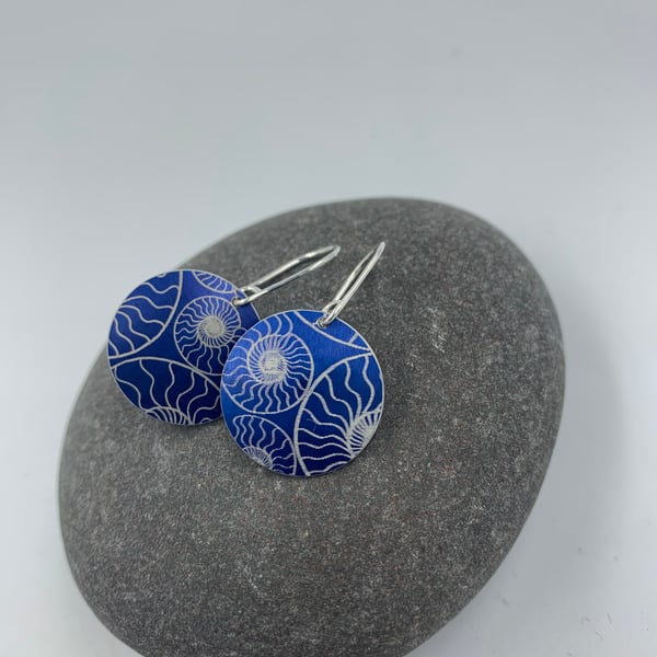 Dark blue anodised aluminium ammonite circle earrings