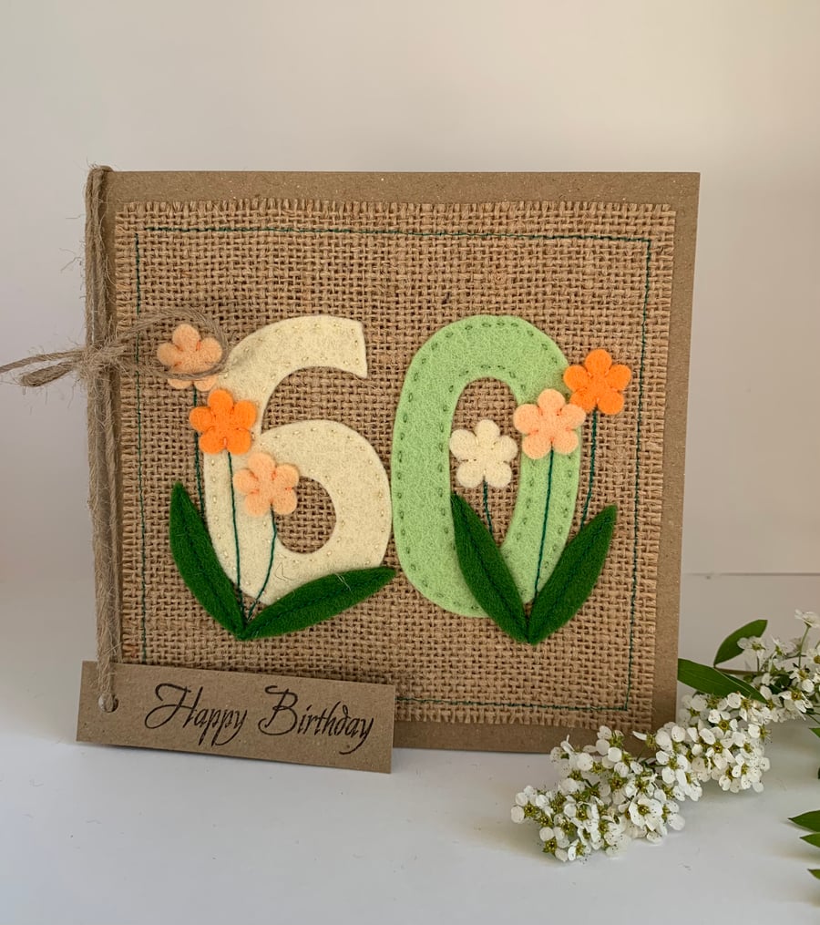 Handmade 60th Birthday Card from wool felt. Keepsake Card. Textile Card.