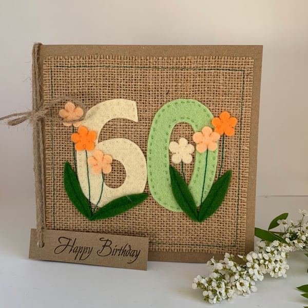 Handmade 60th Birthday Card from wool felt. Keepsake Card. Textile Card.