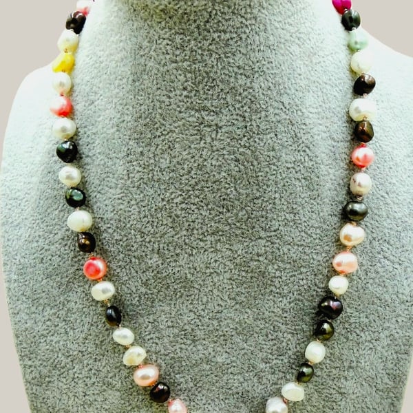 Freshwater Baroque Pearl Multicoloured Necklace. Pinks purple-green and white