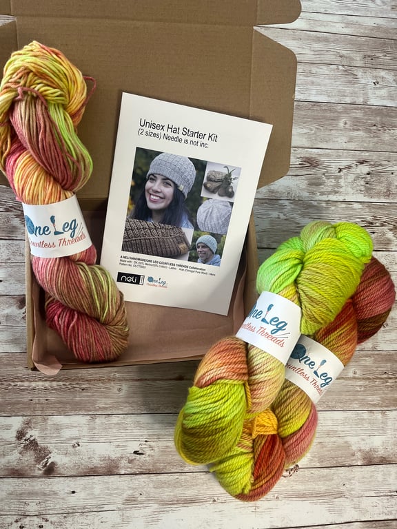 Hat knitting kit with one skein of hand dyed yarn