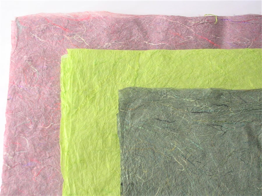Textured, natural, handmade mulberry fibres paper, rough deckled edge, 3 sheets