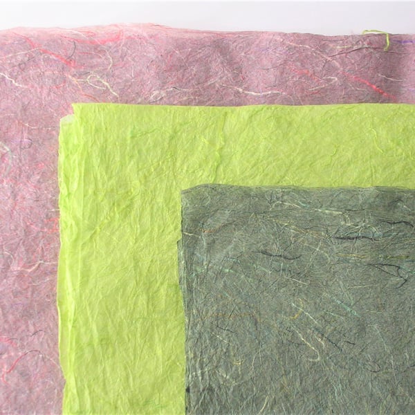 Textured, natural, handmade mulberry fibres paper, rough deckled edge, 3 sheets
