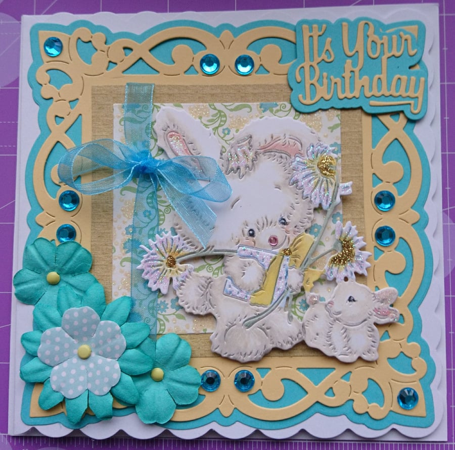Birthday Card Cute Bunny Rabbits Glitter Gift Flowers 3D Luxury Handmade Blue