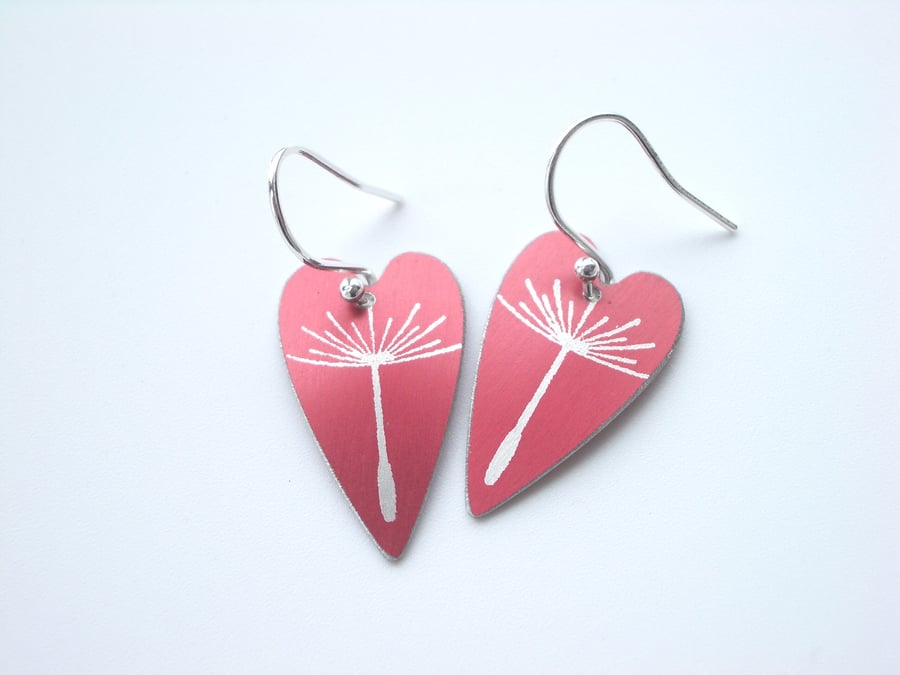 Heart earrings with dandelion seed print in red