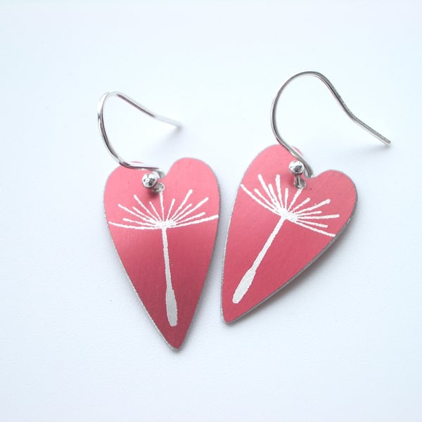 Heart earrings with dandelion seed print in red