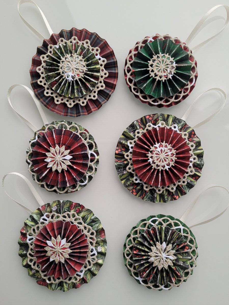 Christmas Decorations - 6x Hanging Rosettes - individually handmade 