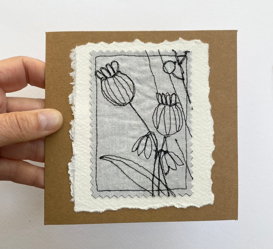Up-cycled embroidered poppy seed pod and harebell garden card. 