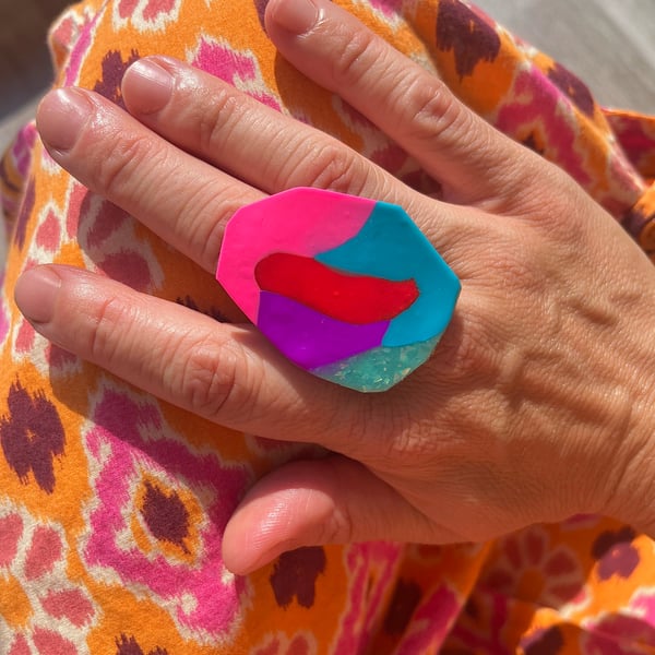 Eclectic giant adjustable cocktail ring in block colours 