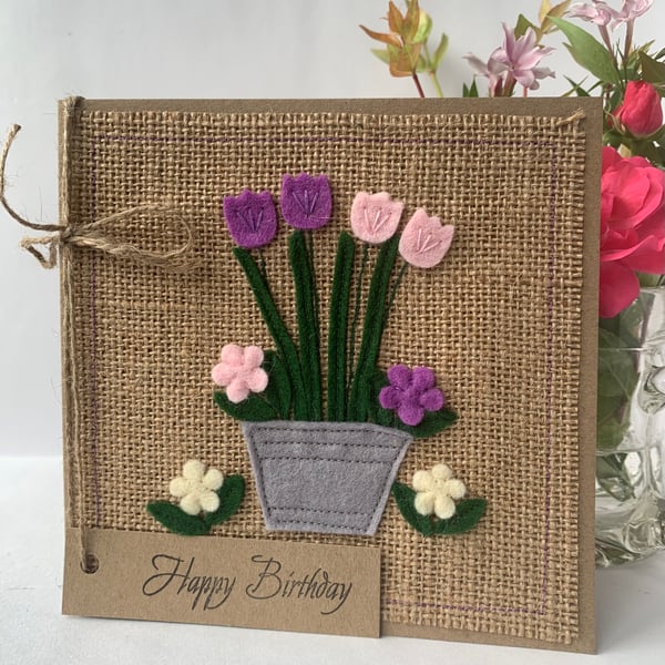 Handmade Birthday Card. A pot of purple and pink flowers from wool felt.