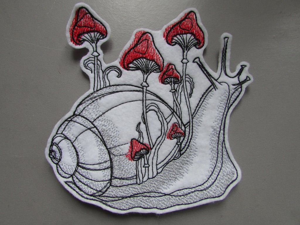 Snail with Red Mushrooms Fungi Embroidered Sew on Applique Patch