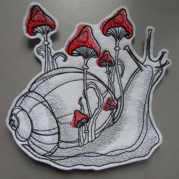 Snail with Red Mushrooms Fungi Embroidered Sew on Applique Patch