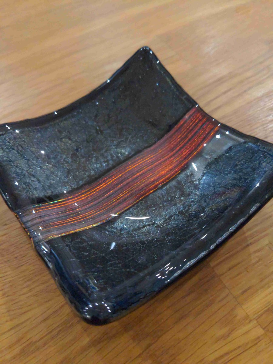 Fused glass Metallic dish 10cm Black & silver iridescent & dichroic