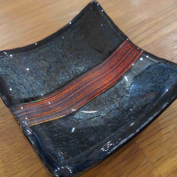 Fused glass Metallic dish 10cm Black & silver iridescent & dichroic