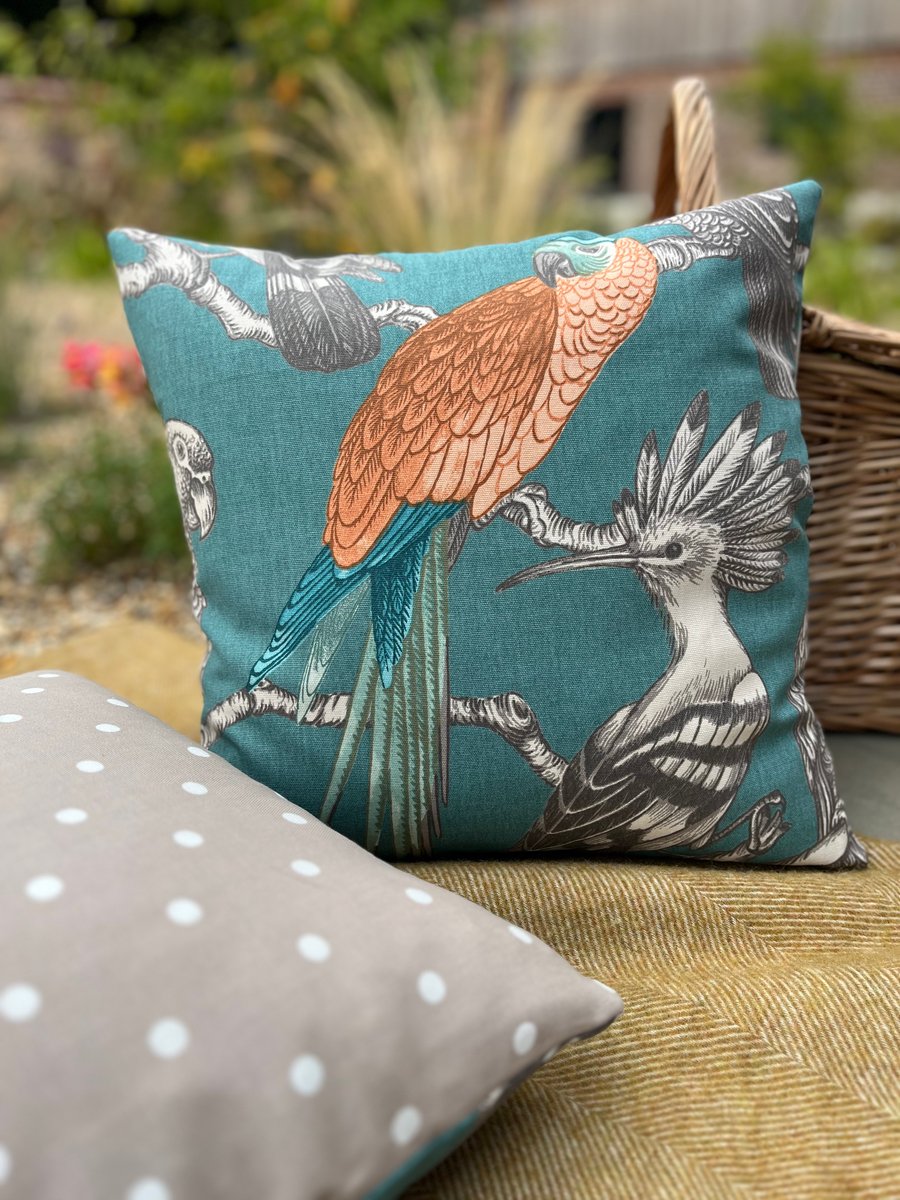 Exotic birds cushion cover with spotty cotton back