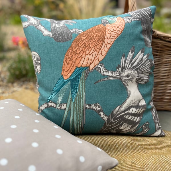 Exotic birds cushion cover with spotty cotton back
