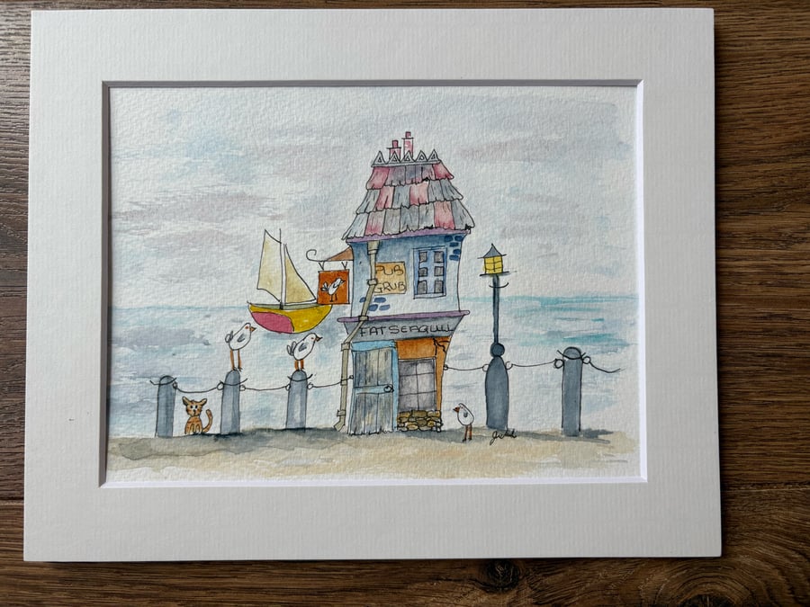 The Fat Seagull – Whimsical Harbour Pub Watercolour 8x10 mounted 