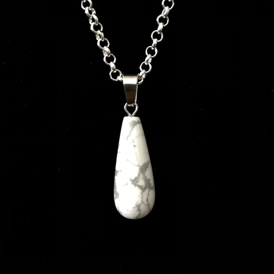 White Howlite Drop Pendant - Silver Chain - Gift Boxed