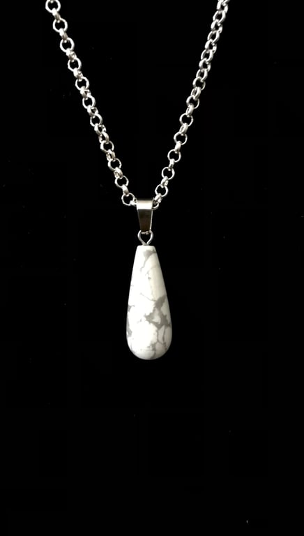 White Howlite Drop Pendant - Silver Chain - Gift Boxed