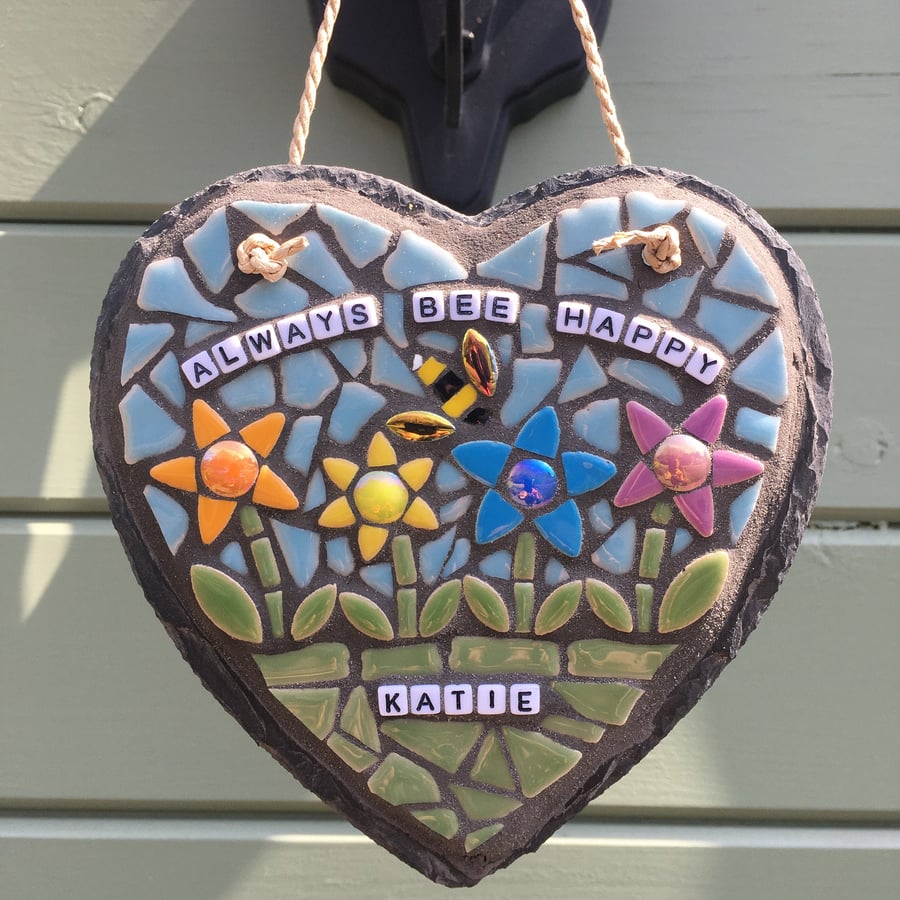 Personalised Always Bee Happy Hanging Slate Heart