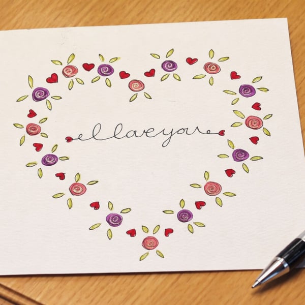 Hand drawn I Love you rose buds card 