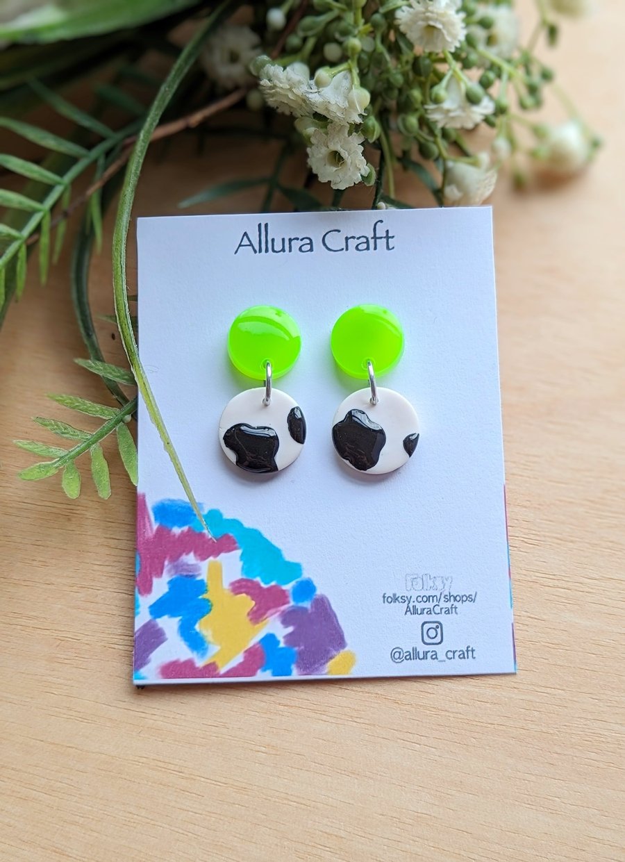 Cow Print and Neon Green Circle Earrings 