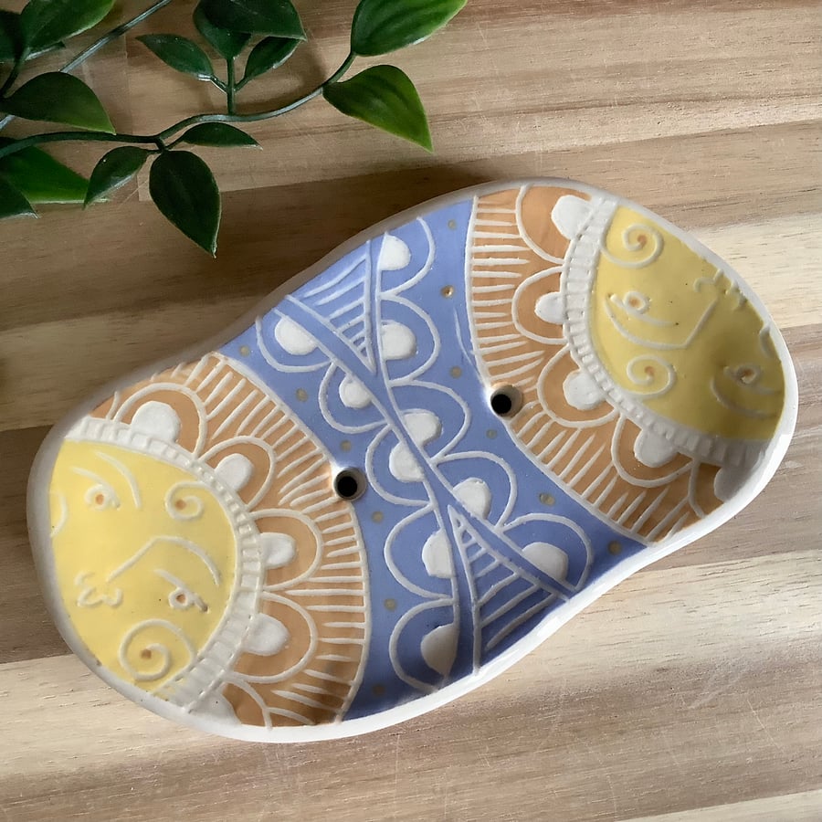 Handmade stoneware sgraffito sunrise soap dish bathroom stocking filler