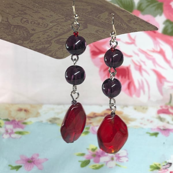 Scarlet and plum glass earrings