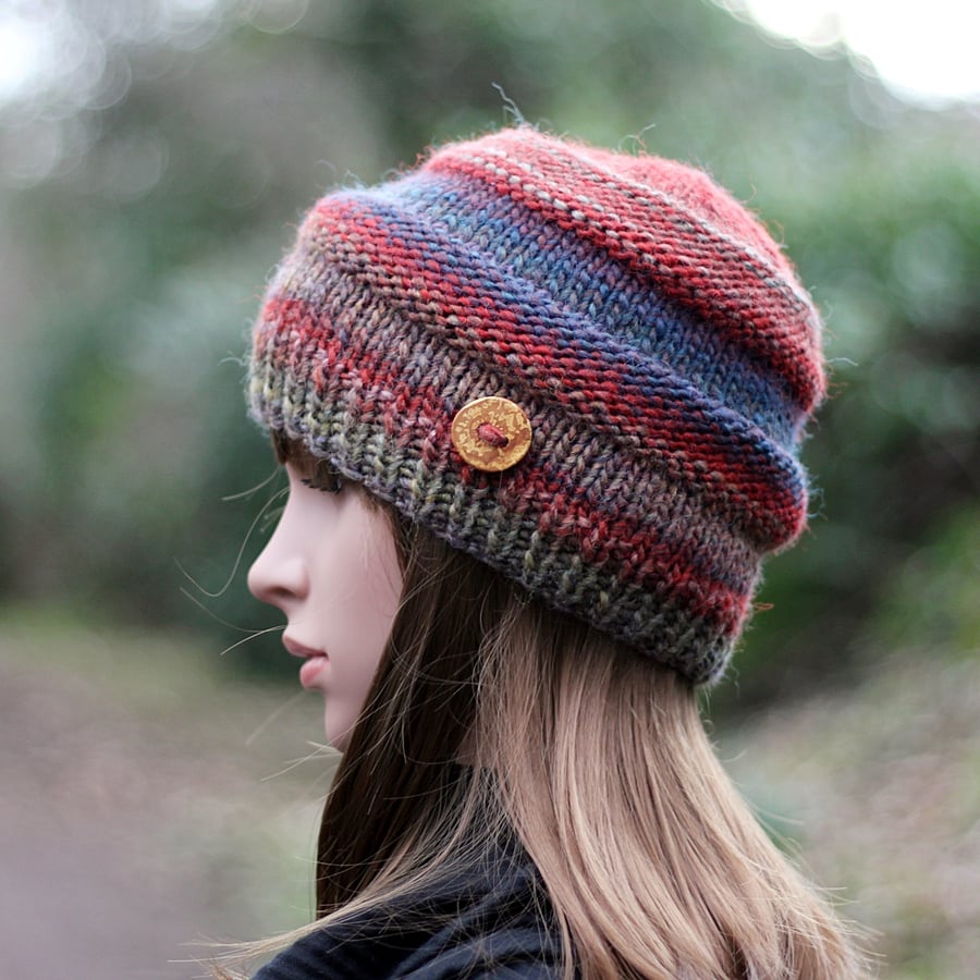 Beanie hat knitted women's, blue red multicolor, gift guide for her