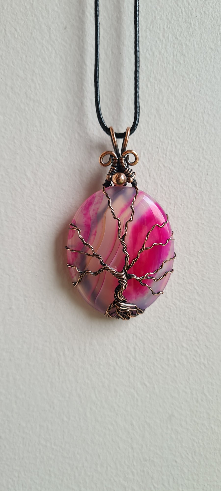 Natural (dyed) Pink Agate & Copper Tree Of Life Pendant Necklace Gift Crystal 