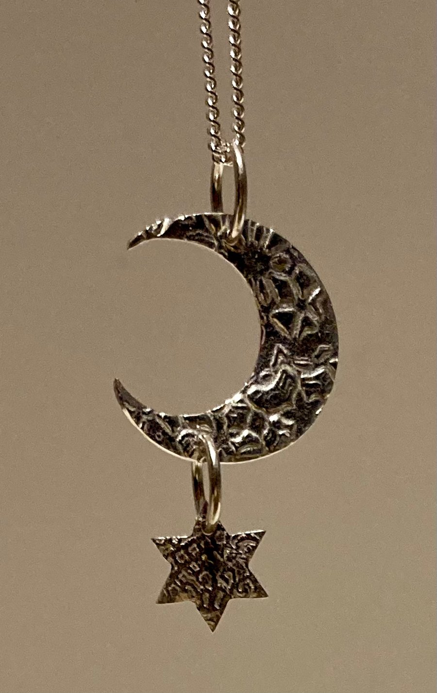Crescent moon and star necklace, handmade in textured, pure silver