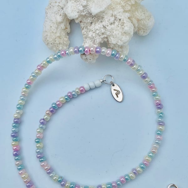 Pastel Rainbow Pearl Czech Glass Bead Necklace with Sterling Silver Detail