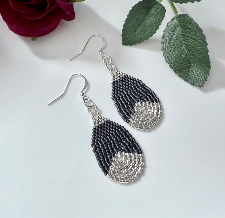 Beadwork teardrop earrings in shiny dark gunmetal grey and silver