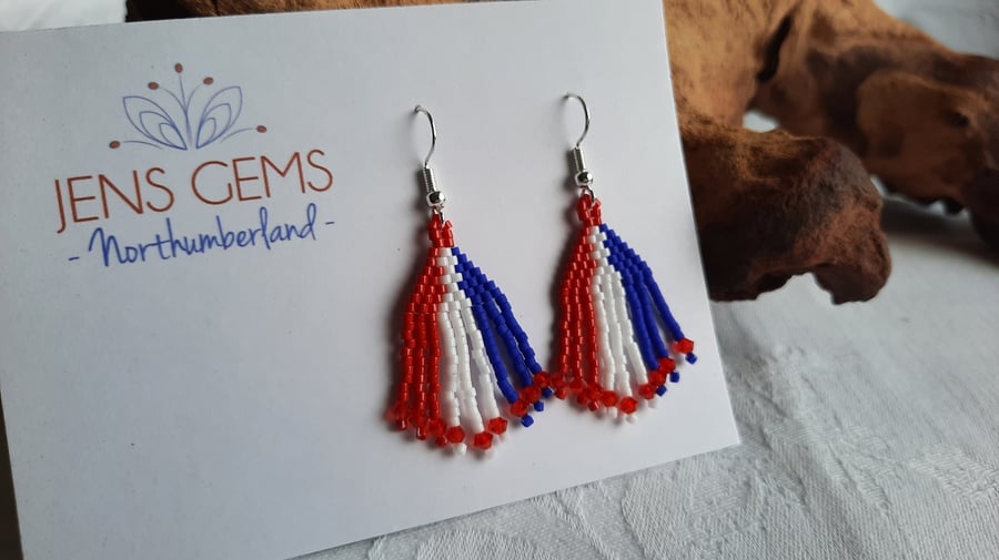 Red, White and Blue Beadwork Tassel Earrings (1)