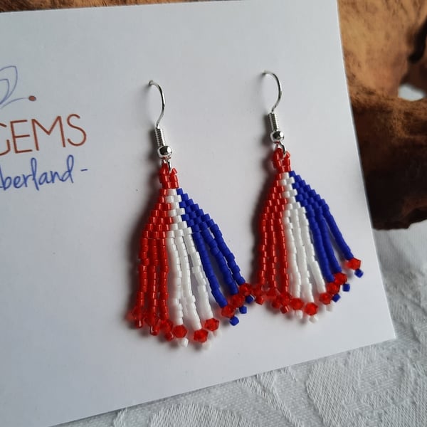 Red, White and Blue Beadwork Tassel Earrings (1)