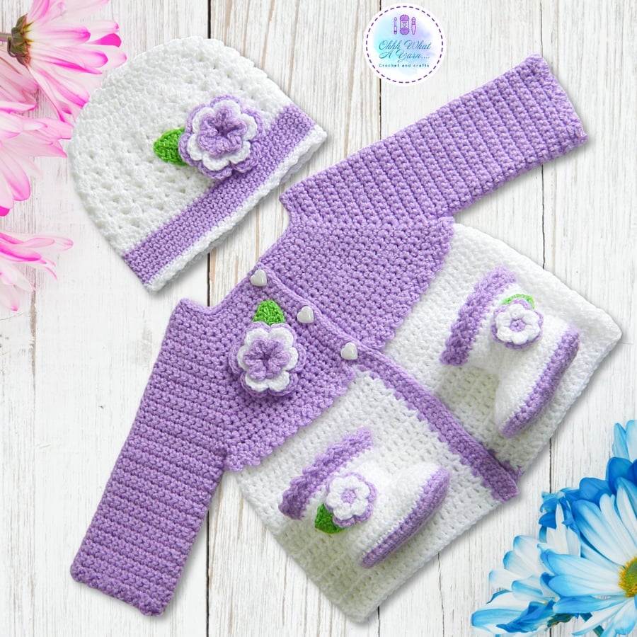 Crochet baby set, layette.  Lilac and white cardigan, hat and boots set 0-3 mths