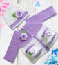 Crochet baby set, layette.  Lilac and white cardigan, hat and boots set 0-3 mths - Image 1