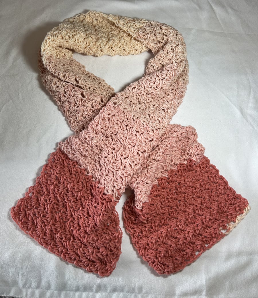 Handmade crocheted chunky pink ombre scarf 68” long, 9.5” wide. Present for her.