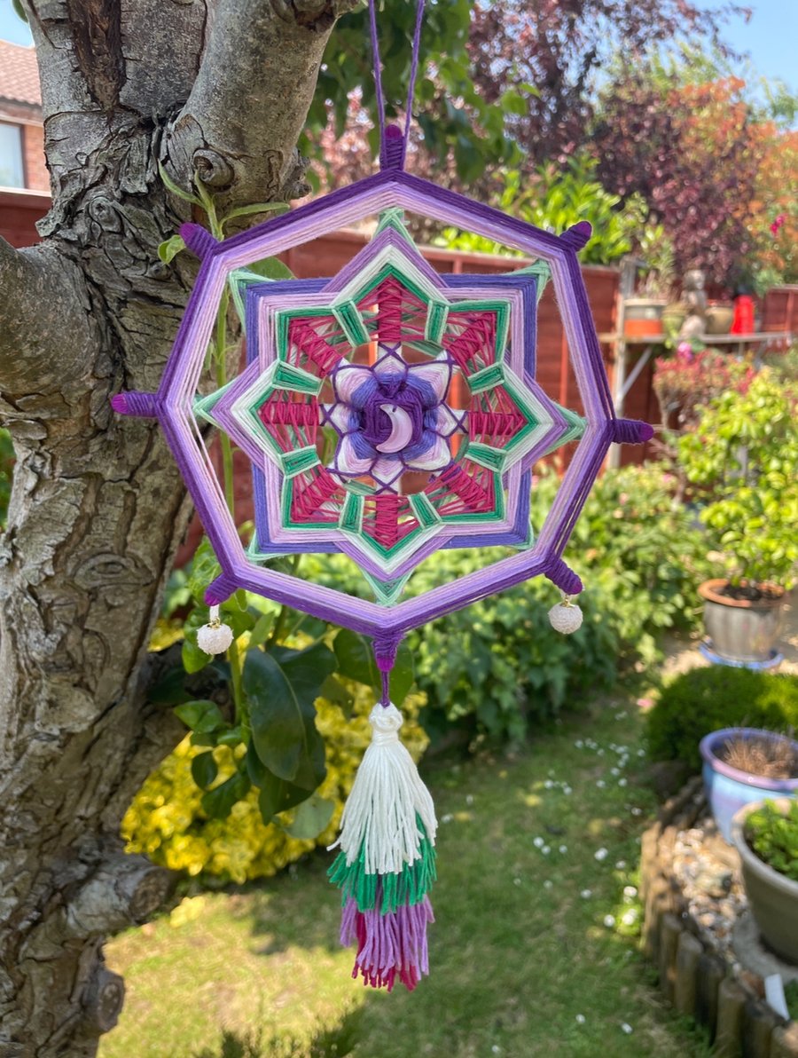 Medium Purple, Pink and Green Ojo de Dios mandala dreamcatcher 