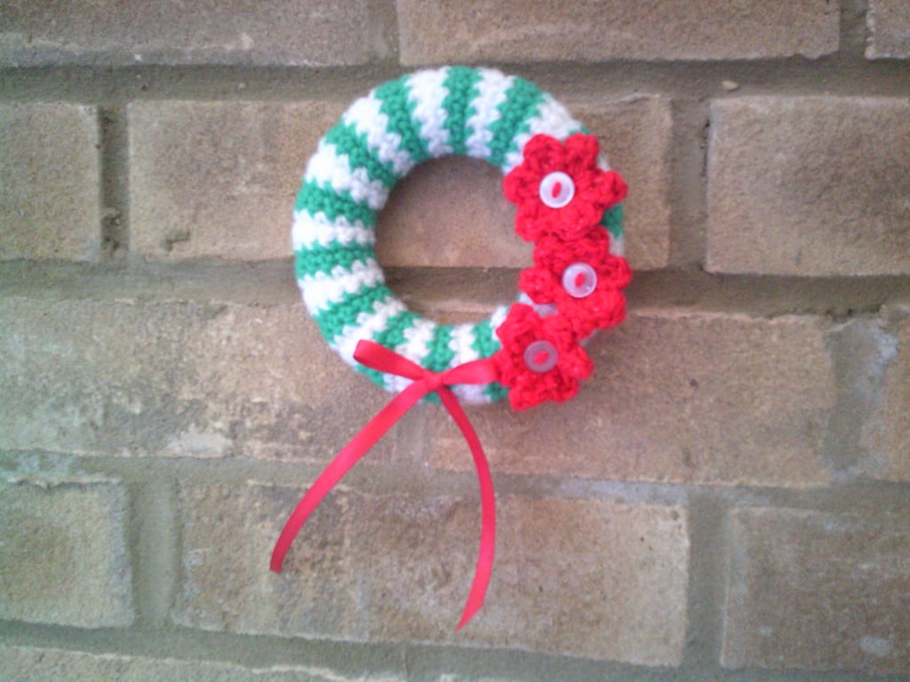 Green and White Striped Crocheted Mini Christmas Wreath